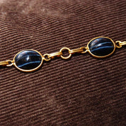 Vintage Art Deco 10K GF Black/Blue Cat's Eye Cabochon Link Bracelet, Chatoyant Glass Gemstones, Yellow Gold Links, Scarab Style, 7 3/4" L