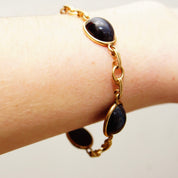 Vintage Art Deco 10K GF Black/Blue Cat's Eye Cabochon Link Bracelet, Chatoyant Glass Gemstones, Yellow Gold Links, Scarab Style, 7 3/4" L