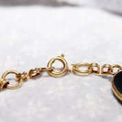 Vintage Art Deco 10K GF Black/Blue Cat's Eye Cabochon Link Bracelet, Chatoyant Glass Gemstones, Yellow Gold Links, Scarab Style, 7 3/4" L