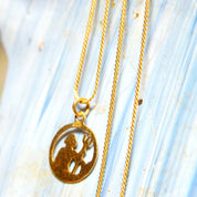 Vintage 14K Gold Figural Pendant Necklace, Hammered Gold Cut Out Disc, 1mm Serpentine Chain, Allegorical Pendant, 585 Yellow Gold, 19 3/4 L