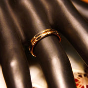 Antique India 14K Gold Elephant Hair Ring, 2-Stack Gold Band W/ Black Strand Accents, 585 Wedding Band, Bamboo Style, Size 4 3/4 US
