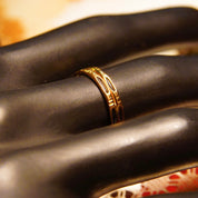 Antique India 14K Gold Elephant Hair Ring, 2-Stack Gold Band W/ Black Strand Accents, 585 Wedding Band, Bamboo Style, Size 4 3/4 US