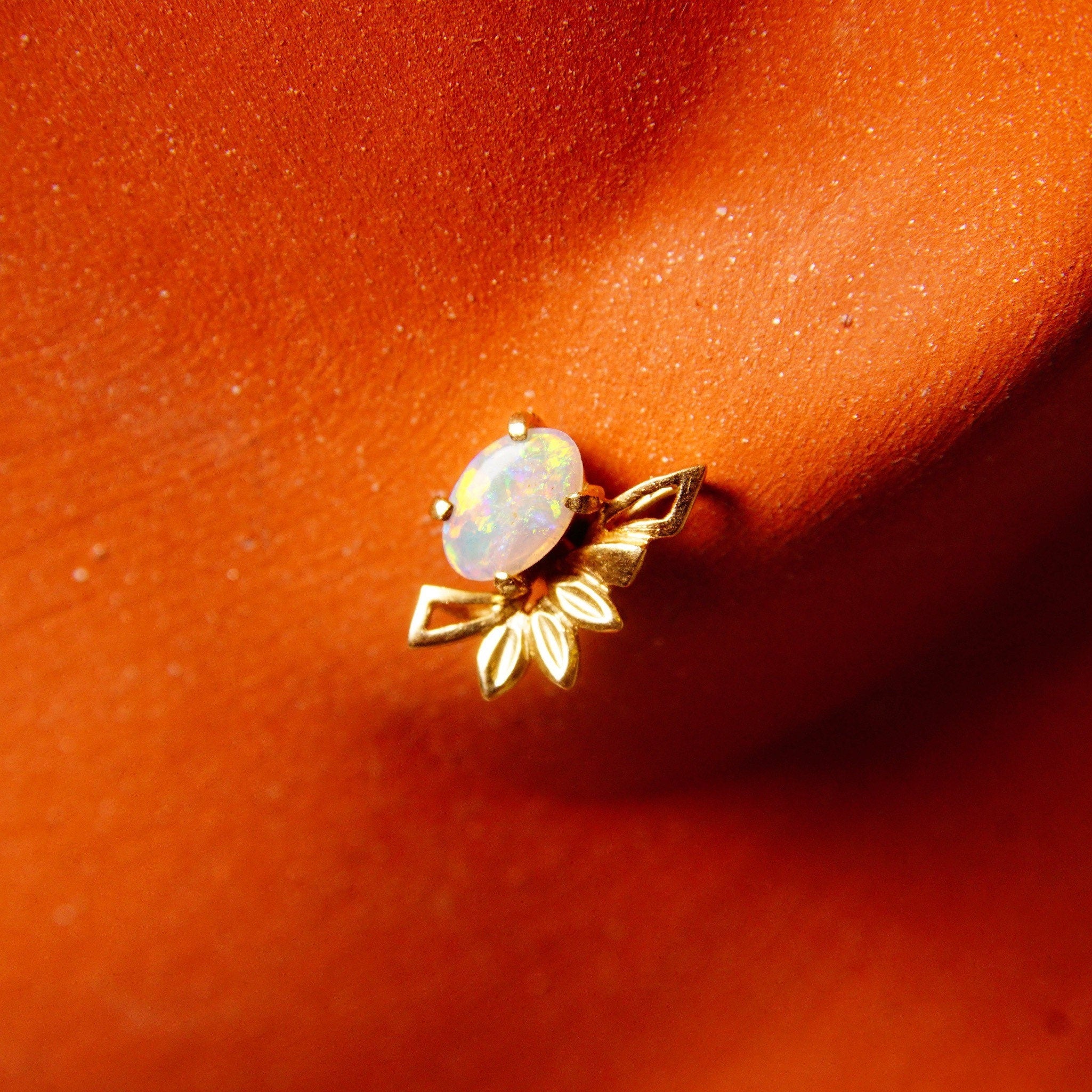14K Opal Stud Earrings, Winged Yellow Gold Embellishment, Petite Opal Cabochons, Mini Gemstone Studs, 12mm