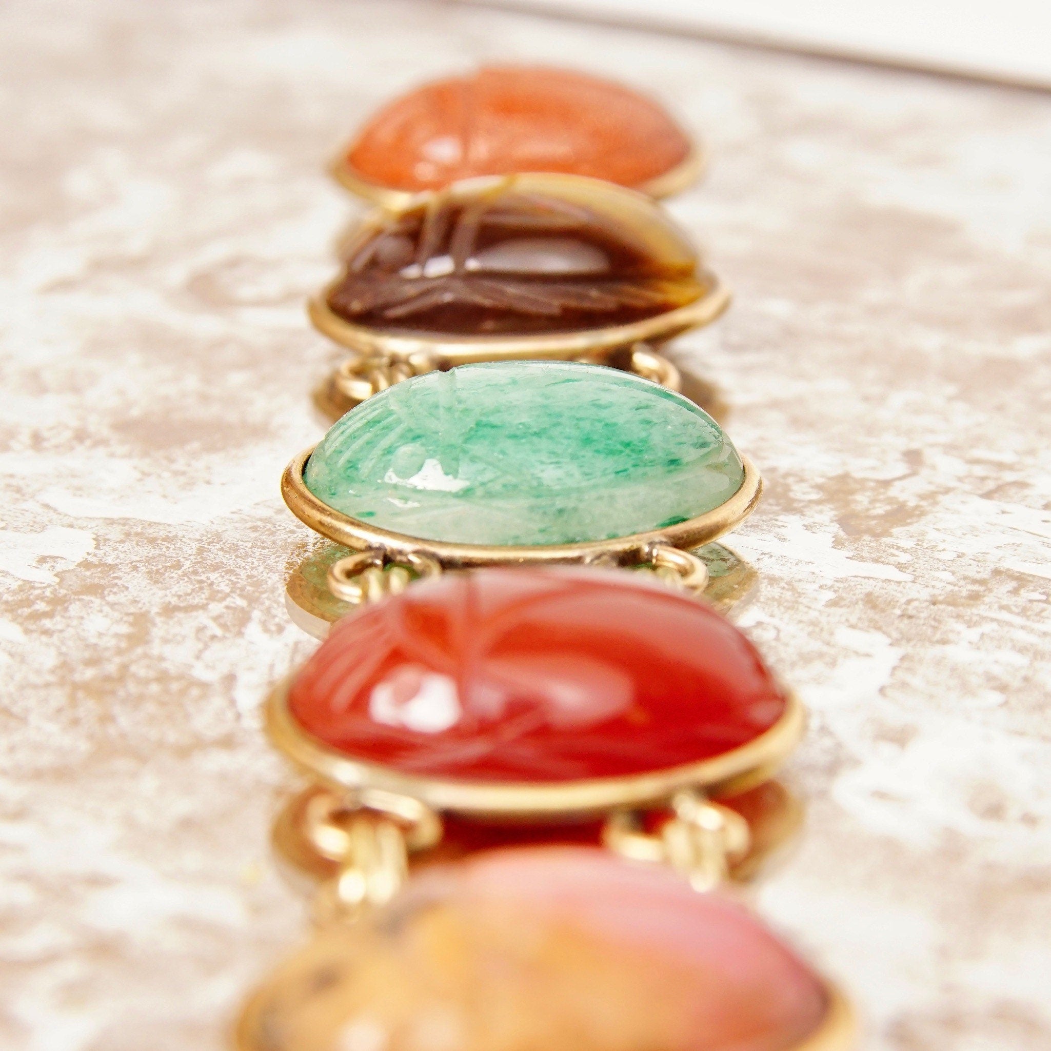 Vintage 10K GF Large Scarab Gemstone Bracelet, Chunky Multi-Stone Link Bracelet, Carved Gemstone Cabochons, Yellow Gold Links, 7 1/2" L
