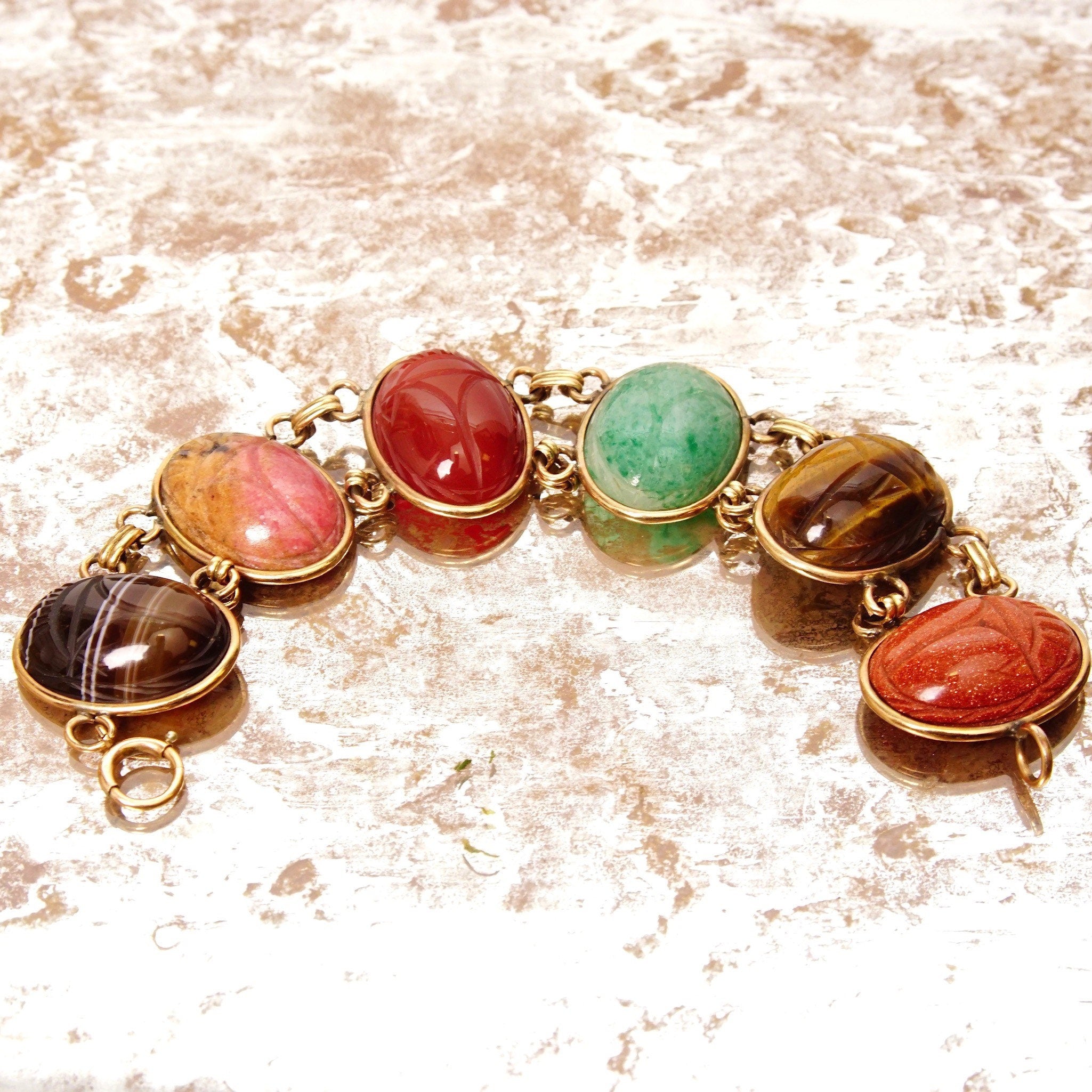 Vintage 10K GF Large Scarab Gemstone Bracelet, Chunky Multi-Stone Link Bracelet, Carved Gemstone Cabochons, Yellow Gold Links, 7 1/2" L