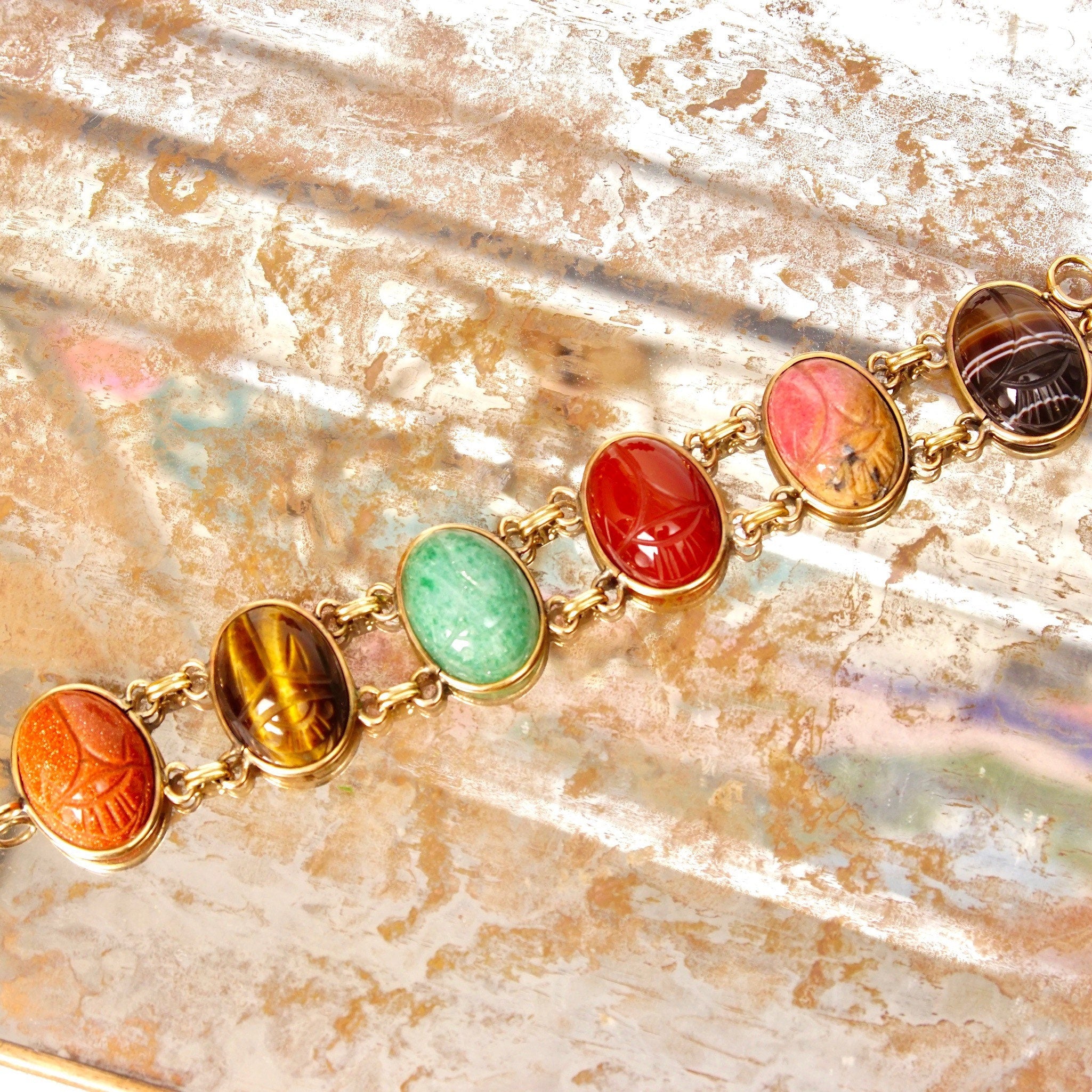 Vintage 10K GF Large Scarab Gemstone Bracelet, Chunky Multi-Stone Link Bracelet, Carved Gemstone Cabochons, Yellow Gold Links, 7 1/2" L