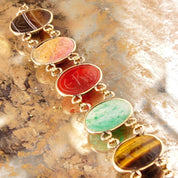 Vintage 10K GF Large Scarab Gemstone Bracelet, Chunky Multi-Stone Link Bracelet, Carved Gemstone Cabochons, Yellow Gold Links, 7 1/2" L