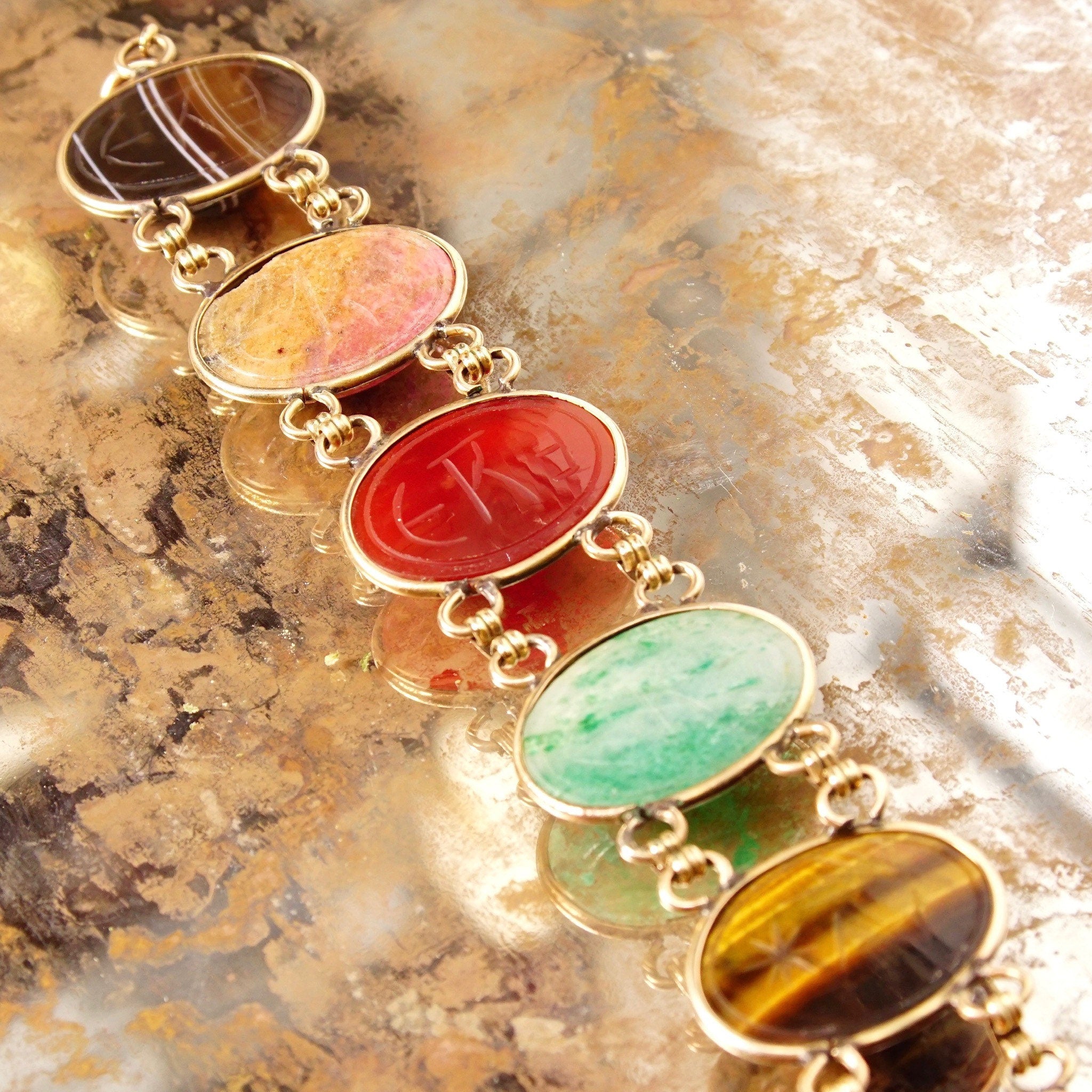 Vintage 10K GF Large Scarab Gemstone Bracelet, Chunky Multi-Stone Link Bracelet, Carved Gemstone Cabochons, Yellow Gold Links, 7 1/2" L