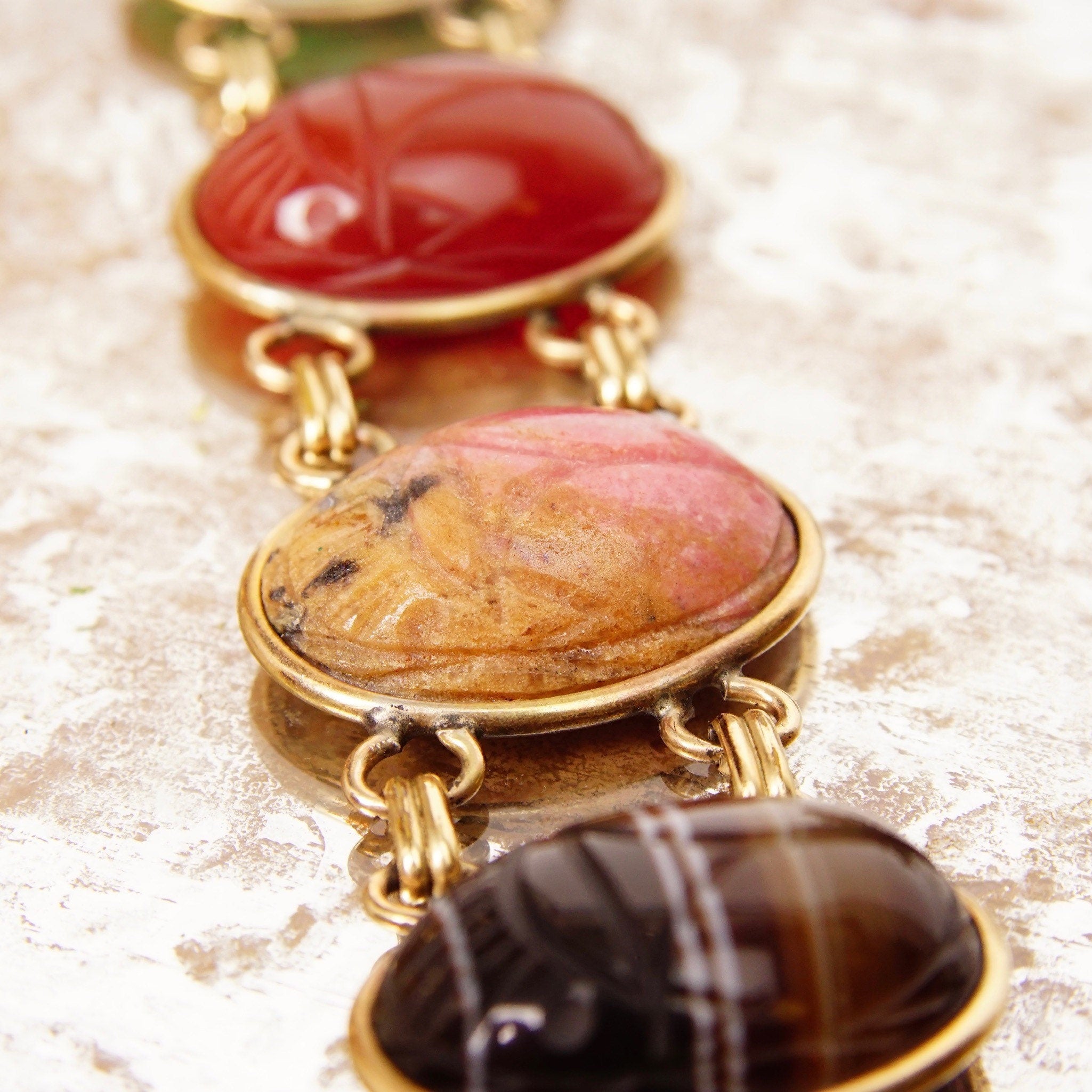 Vintage 10K GF Large Scarab Gemstone Bracelet, Chunky Multi-Stone Link Bracelet, Carved Gemstone Cabochons, Yellow Gold Links, 7 1/2" L