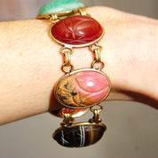Vintage 10K GF Large Scarab Gemstone Bracelet, Chunky Multi-Stone Link Bracelet, Carved Gemstone Cabochons, Yellow Gold Links, 7 1/2" L