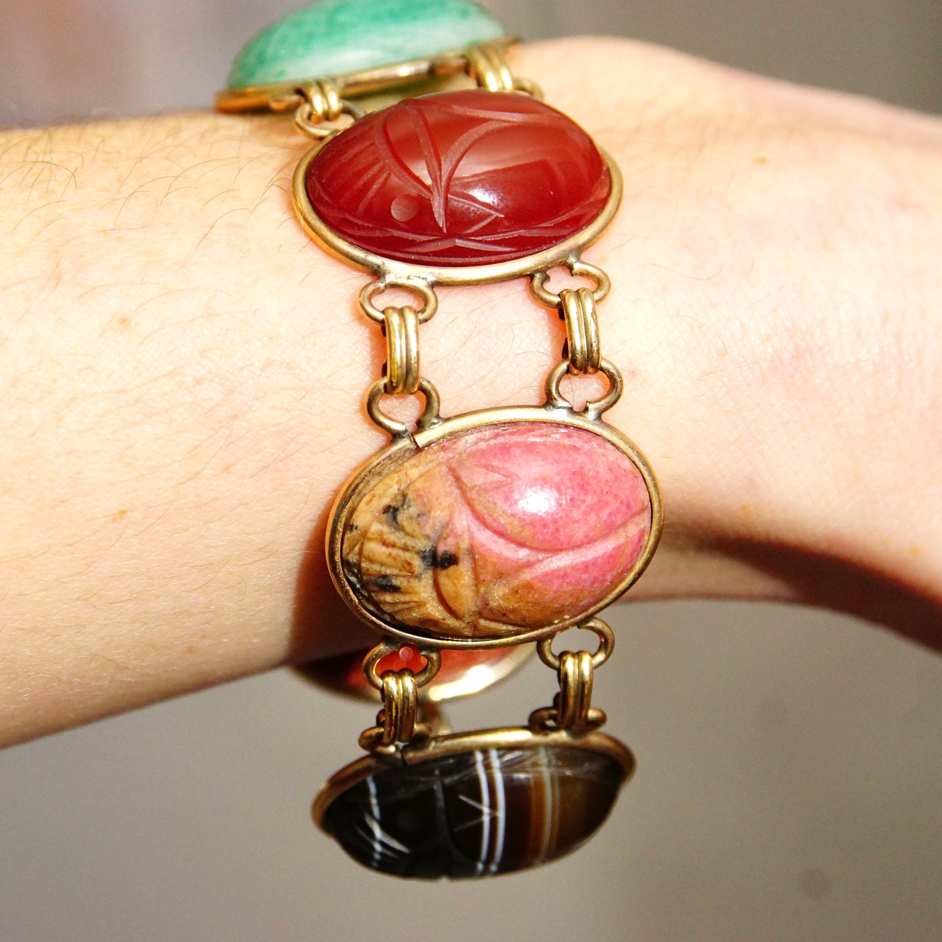 Vintage 10K GF Large Scarab Gemstone Bracelet, Chunky Multi-Stone Link Bracelet, Carved Gemstone Cabochons, Yellow Gold Links, 7 1/2" L