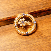 Antique 10K Gold Seed Pear Blue Gemstone Floral Circle Pin, Petite Gold Brooch, Blue Topaz/Sapphire Stones, Art Nouveau, 20mm