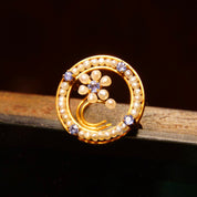 Antique 10K Gold Seed Pear Blue Gemstone Floral Circle Pin, Petite Gold Brooch, Blue Topaz/Sapphire Stones, Art Nouveau, 20mm