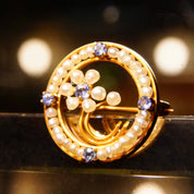 Antique 10K Gold Seed Pear Blue Gemstone Floral Circle Pin, Petite Gold Brooch, Blue Topaz/Sapphire Stones, Art Nouveau, 20mm