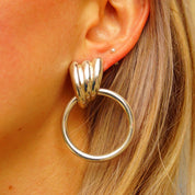 Vintage Modernist Italian Sterling Silver Winged Hoop Earrings, Scalloped Silver Studs With Hollow Tube Hoops, Italy 925 Earrings, 2 1/4 L