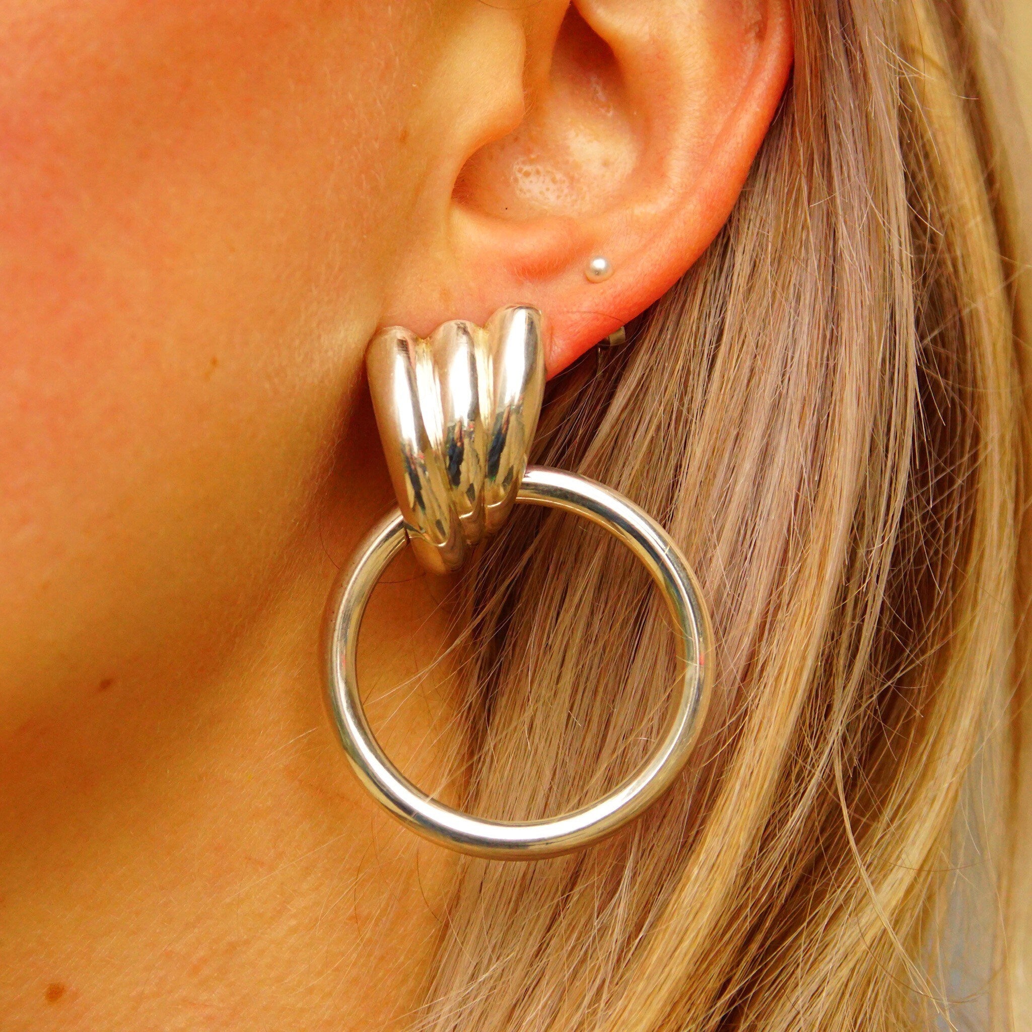 Vintage Modernist Italian Sterling Silver Winged Hoop Earrings, Scalloped Silver Studs With Hollow Tube Hoops, Italy 925 Earrings, 2 1/4 L