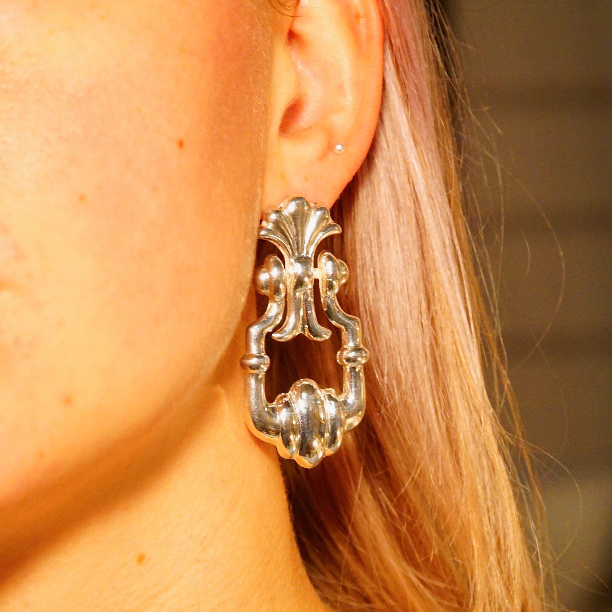Vintage Embellished Sterling Silver Hinged Dangle Stud Earrings, Fleur Repousse Design, Art Deco Style, Unique 925 Earrings, 2 1/2 L