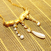 Art Nouveau 18K Diamond Pearl Lavalier On 14K Filigree Chain, Engraved Floral Pendant, Antique Fine Jewelry, 16" L