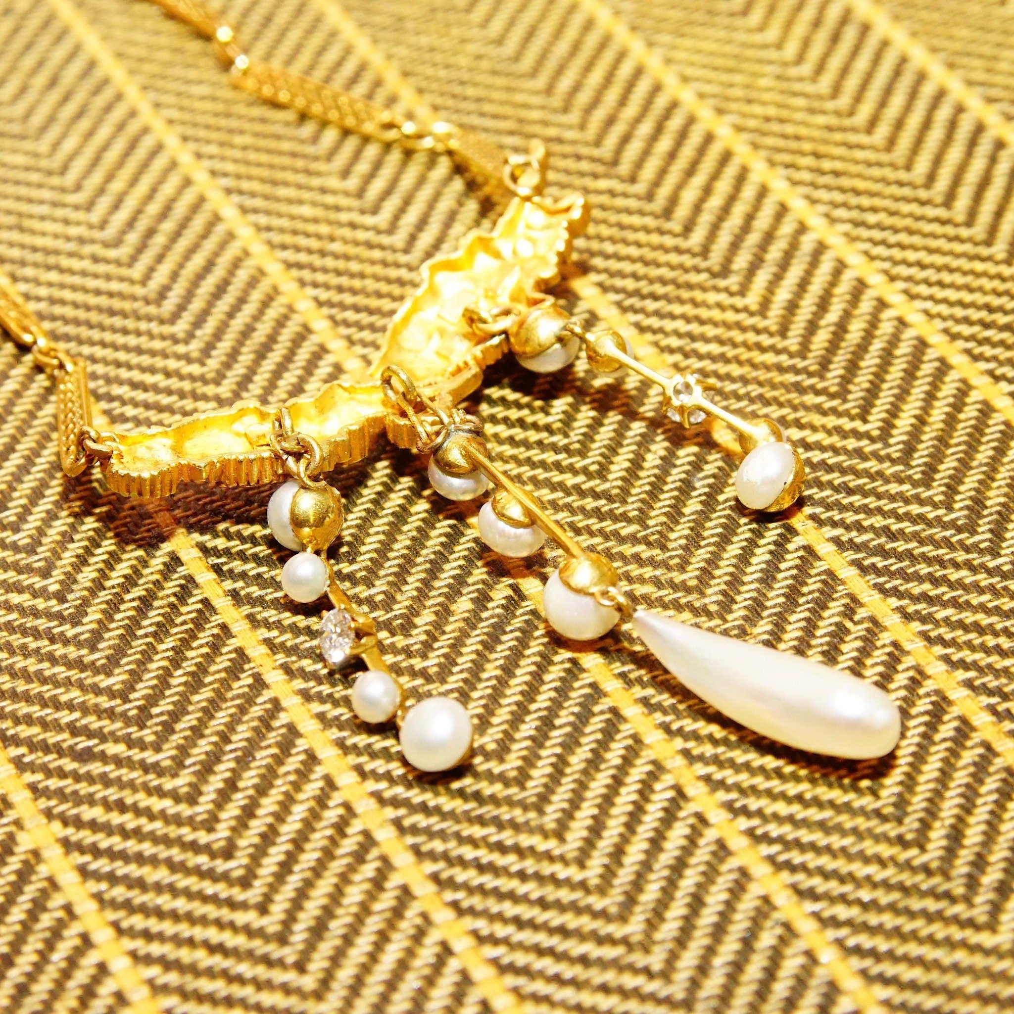 Art Nouveau 18K Diamond Pearl Lavalier On 14K Filigree Chain, Engraved Floral Pendant, Antique Fine Jewelry, 16" L