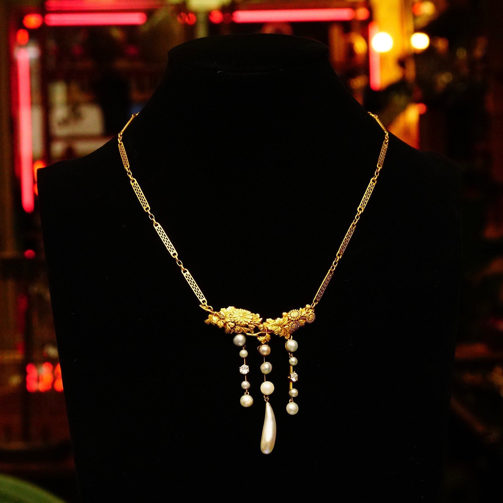 Art Nouveau 18K Diamond Pearl Lavalier On 14K Filigree Chain, Engraved Floral Pendant, Antique Fine Jewelry, 16" L