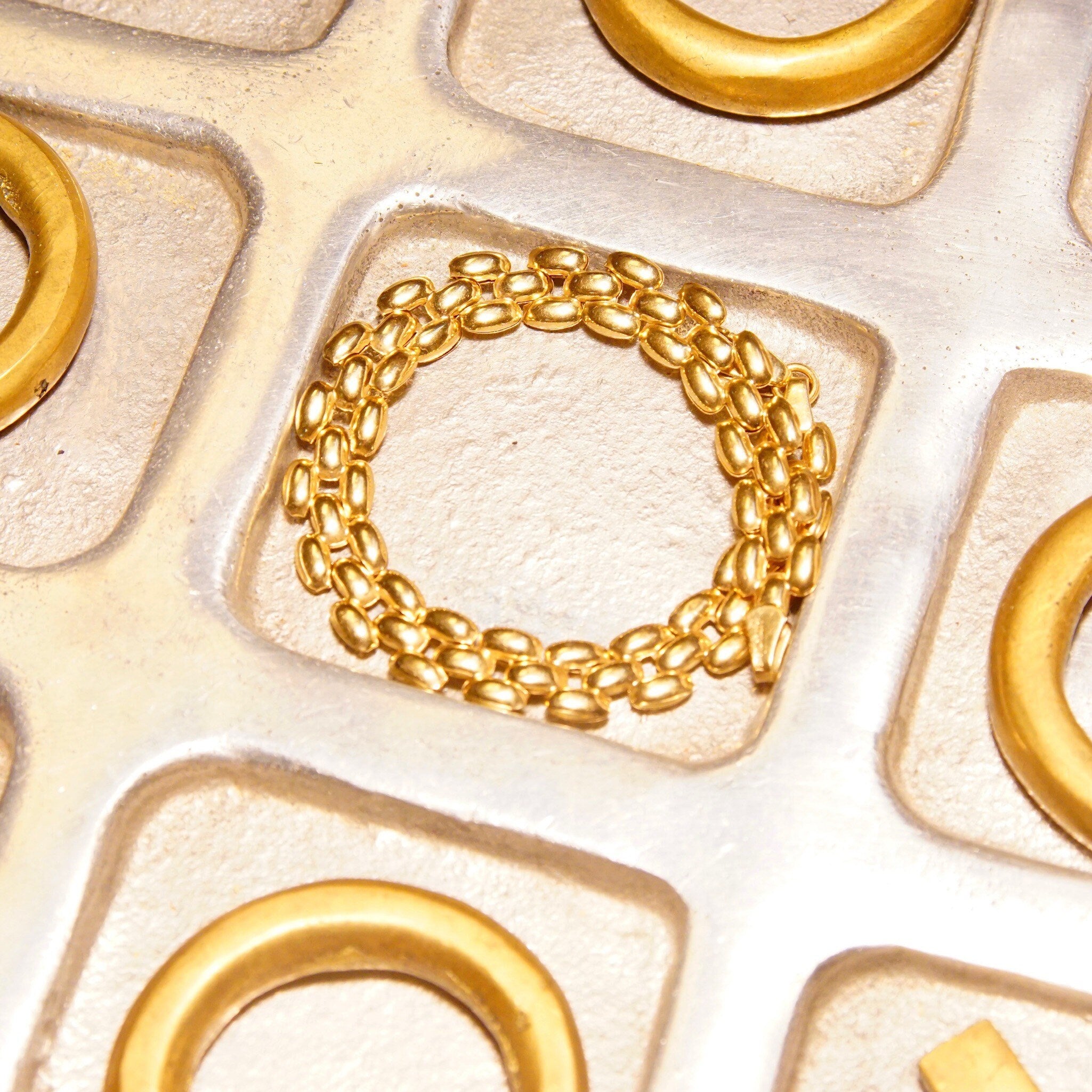Vintage 10K Gold Panther Link Chain, 8mm Multi-Row Chain, Puffed Yellow Gold Links, Sophisticated Gold Bracelet, 7 1/2 L