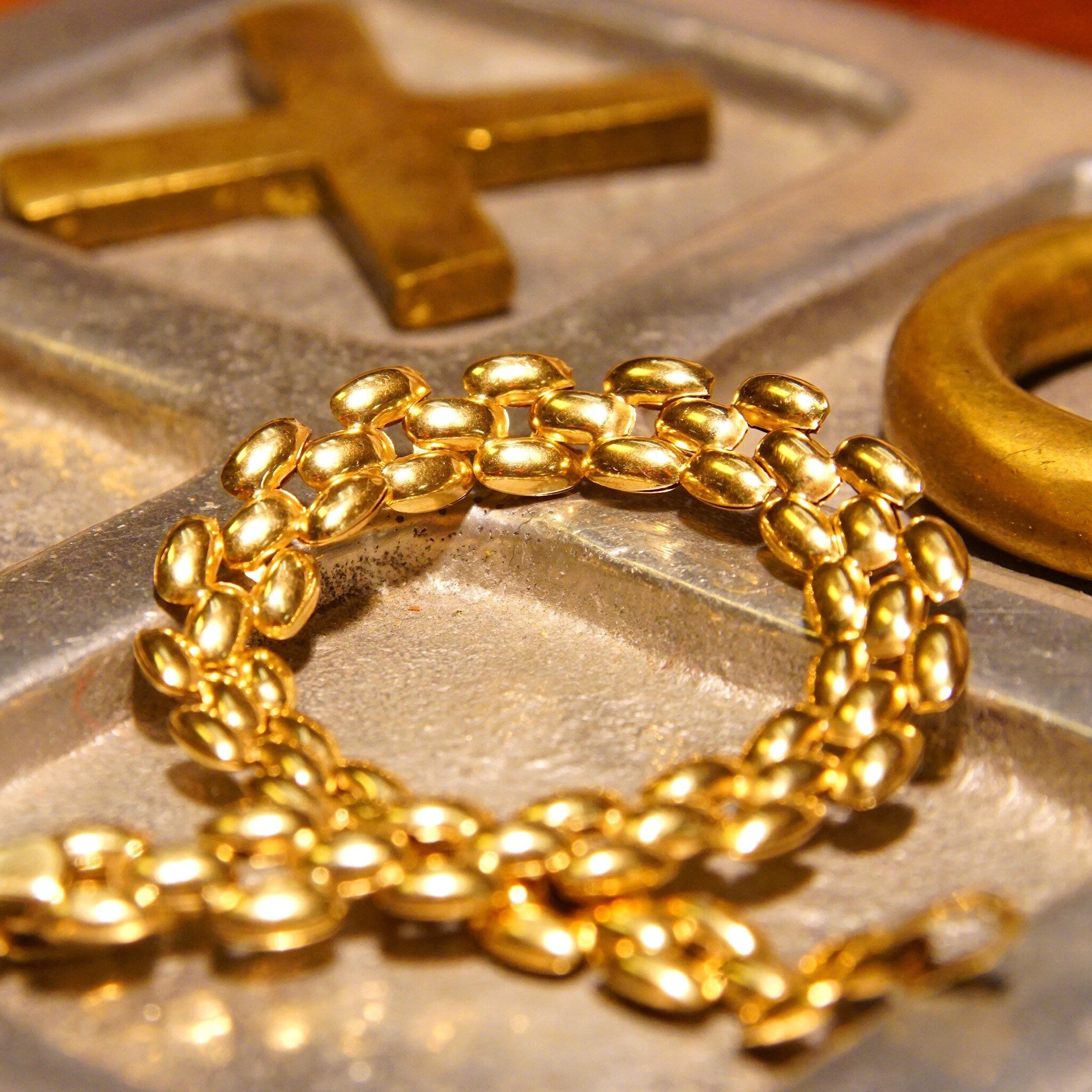 Vintage 10K Gold Panther Link Chain, 8mm Multi-Row Chain, Puffed Yellow Gold Links, Sophisticated Gold Bracelet, 7 1/2 L