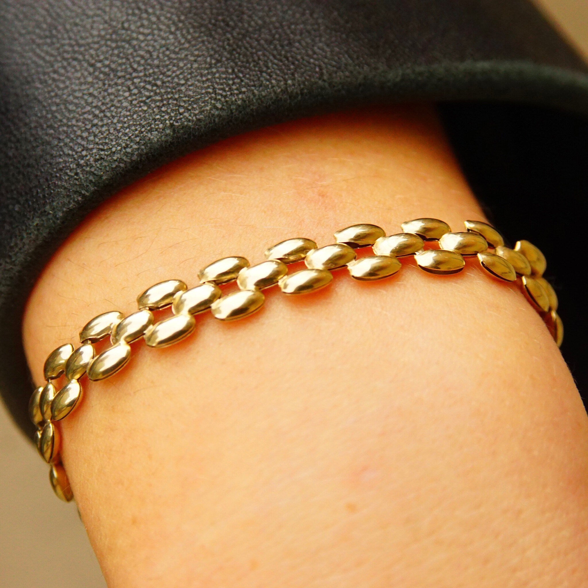 Vintage 10K Gold Panther Link Chain, 8mm Multi-Row Chain, Puffed Yellow Gold Links, Sophisticated Gold Bracelet, 7 1/2 L