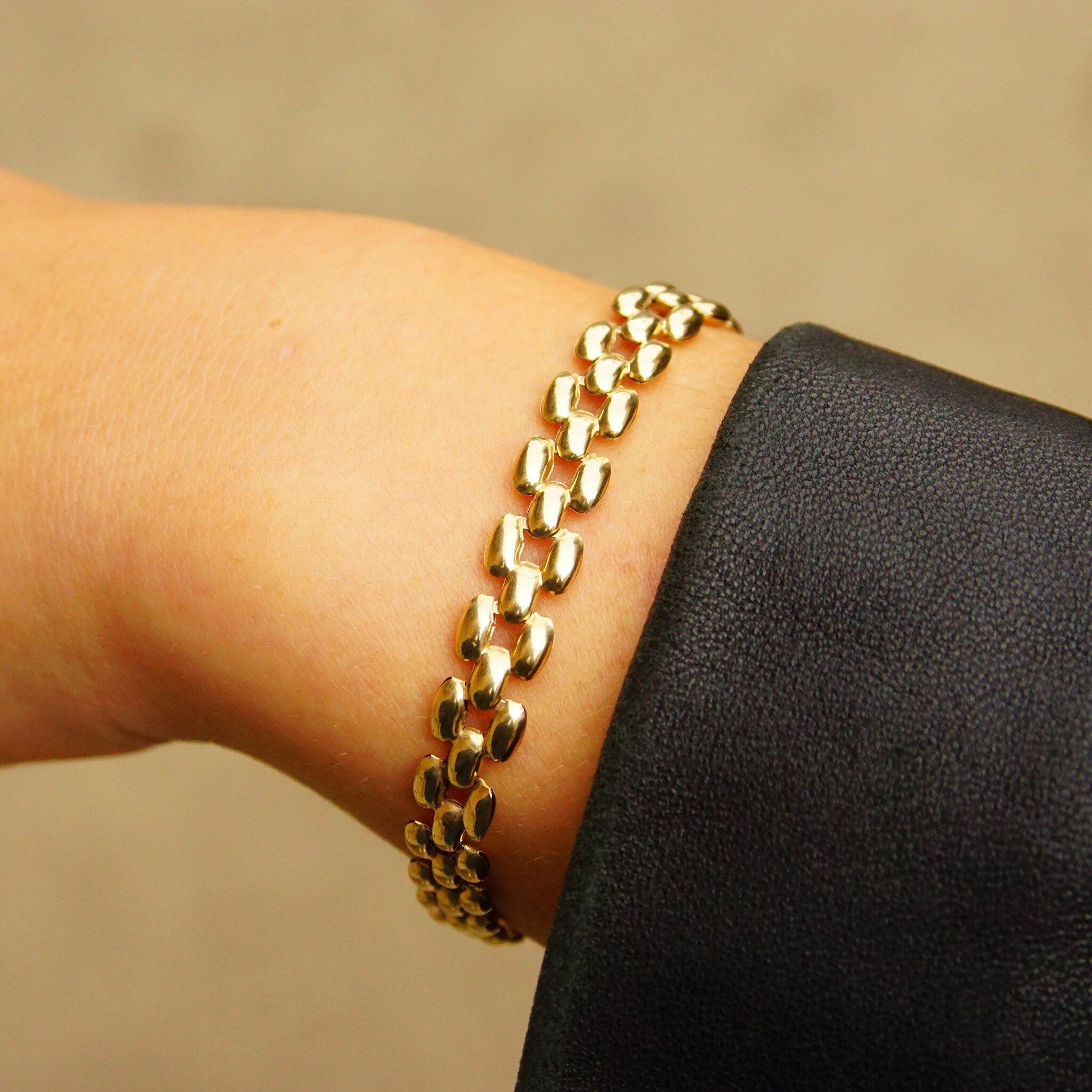 Vintage 10K Gold Panther Link Chain, 8mm Multi-Row Chain, Puffed Yellow Gold Links, Sophisticated Gold Bracelet, 7 1/2 L