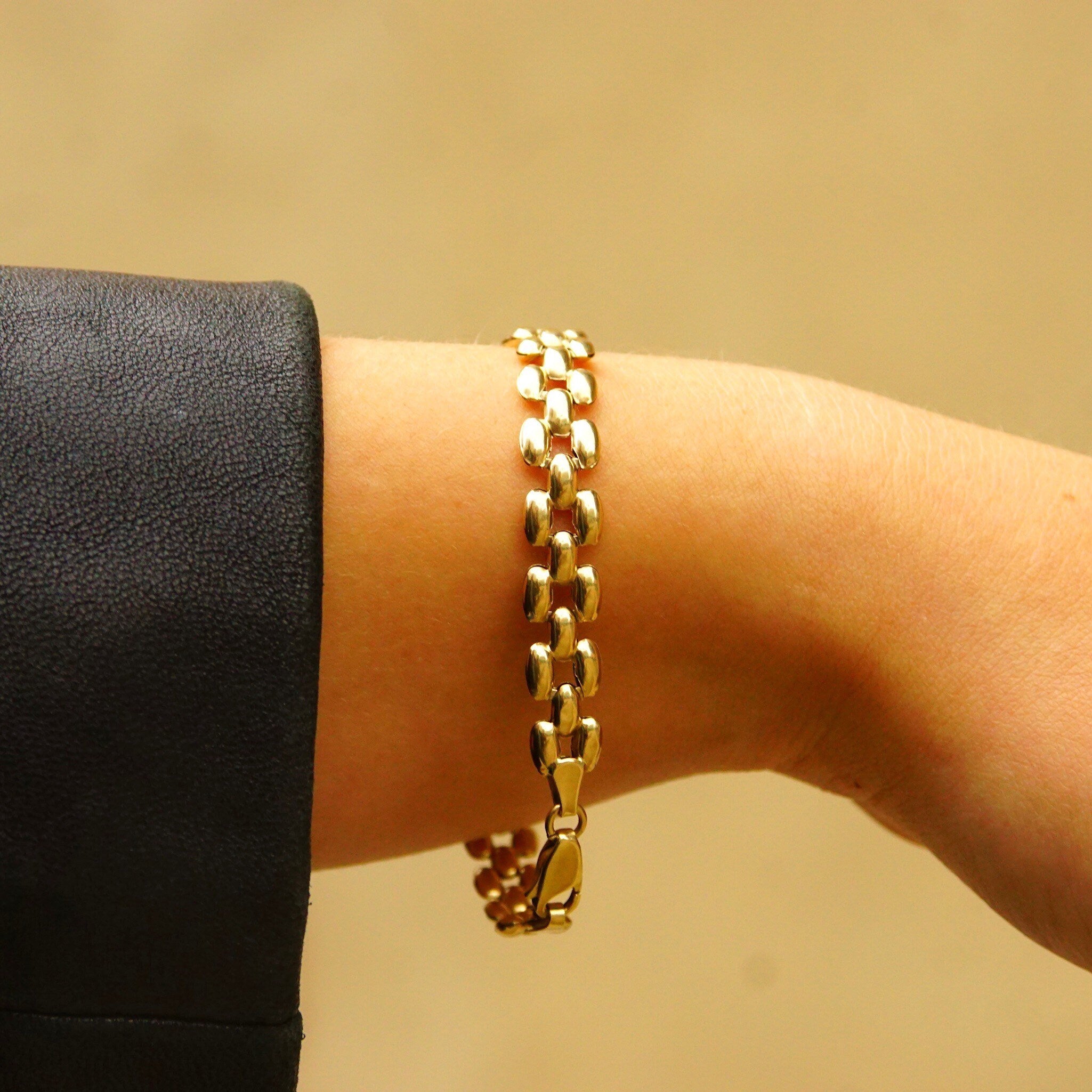 Vintage 10K Gold Panther Link Chain, 8mm Multi-Row Chain, Puffed Yellow Gold Links, Sophisticated Gold Bracelet, 7 1/2 L
