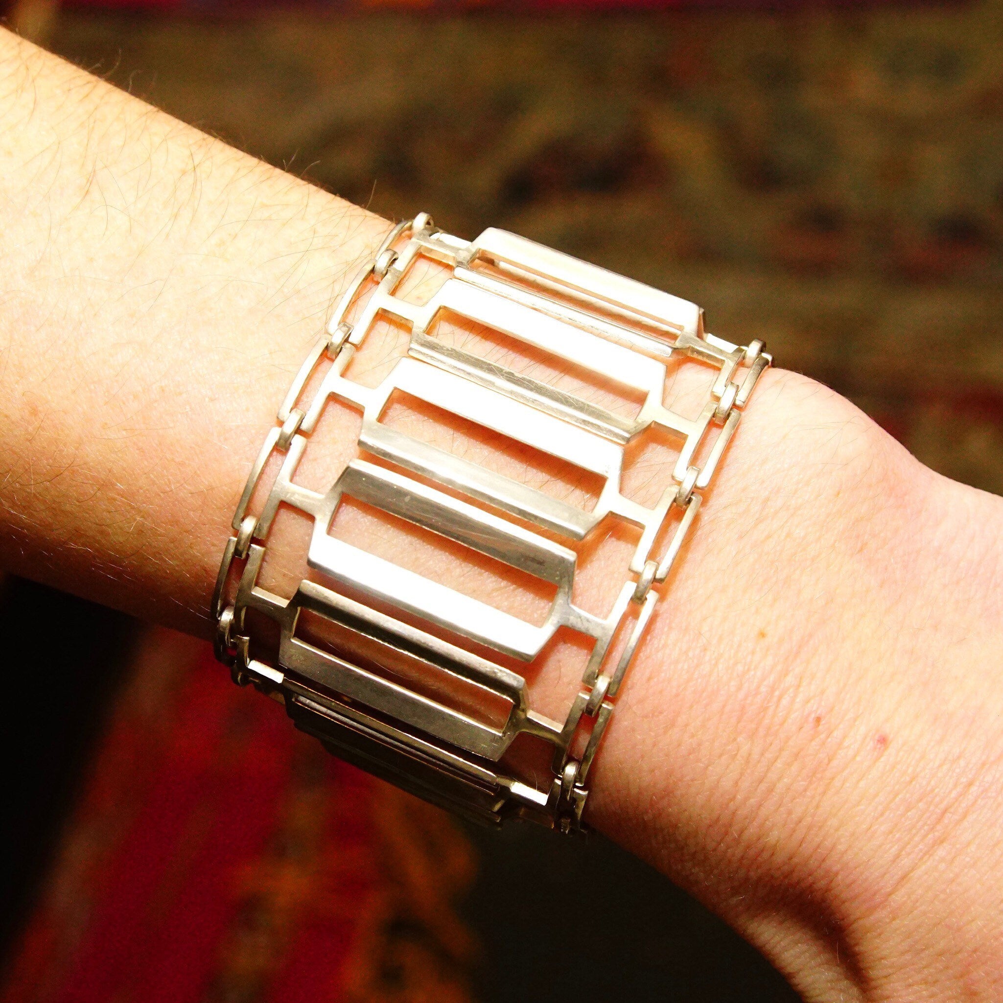 Vintage TONE VIGELAND Modernist Sterling Silver Closed Cuff Bracelet, Industrial Silver Link Bracelet, Wide, Norway 925S Bracelet, 6.9" L