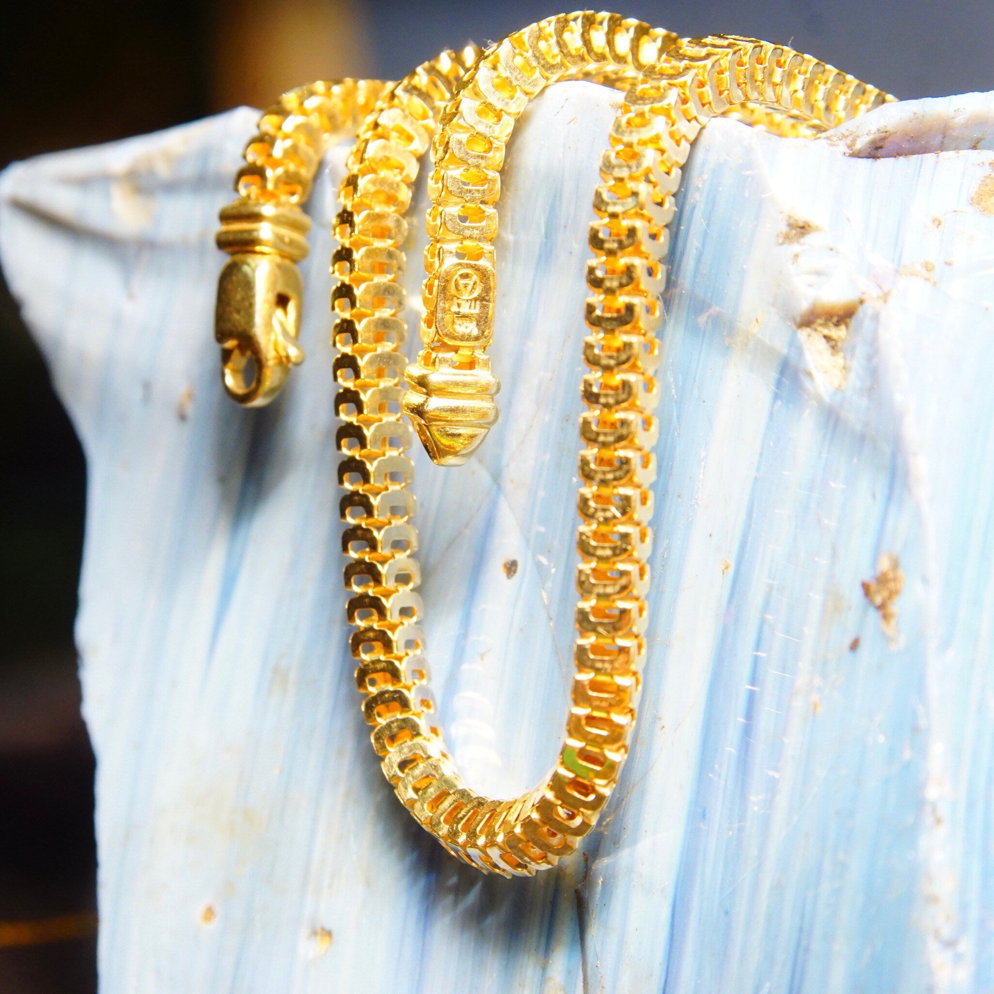 Vintage Italian Modernist 14K Gold Square Snake Link Chain Necklace, 4mm Articulated Gold Chain, Chunky Gold Chain, 585, Unisex, 19 L
