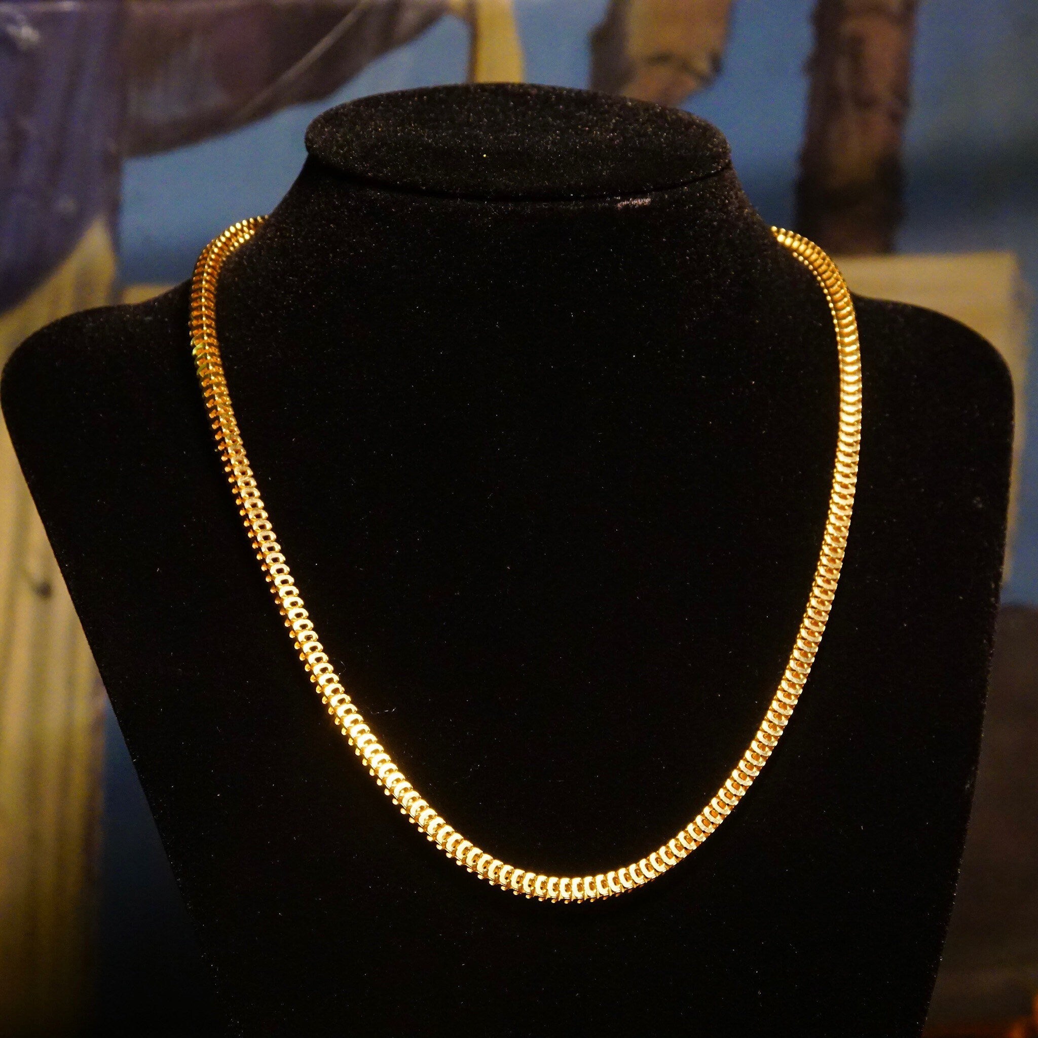 Vintage Italian Modernist 14K Gold Square Snake Link Chain Necklace, 4mm Articulated Gold Chain, Chunky Gold Chain, 585, Unisex, 19 L