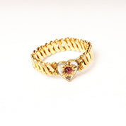 Antique Victorian GF Heart Stretch Band Bracelet, Diamond Accent, Shell Inlay, Faux Ruby, Floral Embellishment, S-Link Stretch Band, 5" L