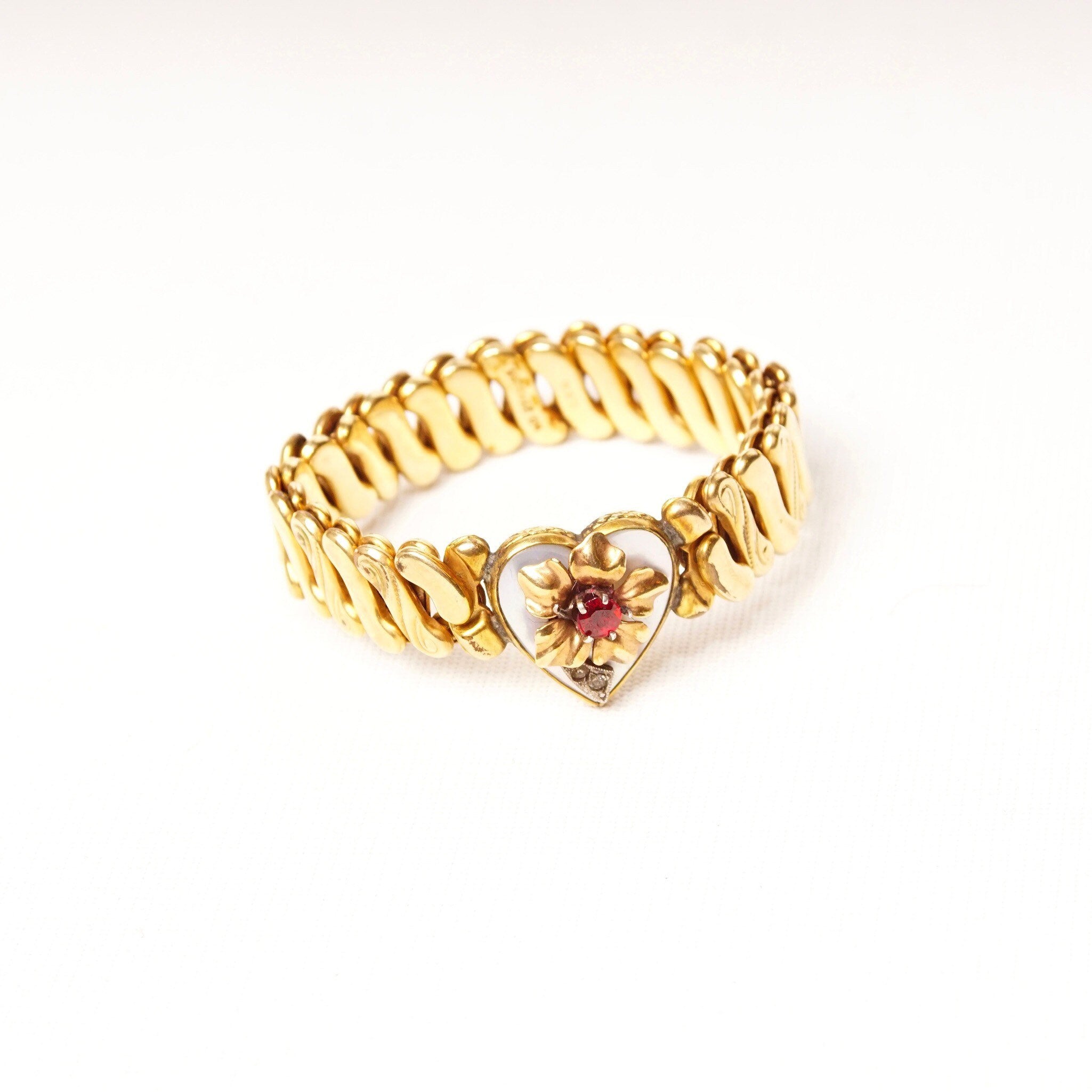 Antique Victorian GF Heart Stretch Band Bracelet, Diamond Accent, Shell Inlay, Faux Ruby, Floral Embellishment, S-Link Stretch Band, 5" L