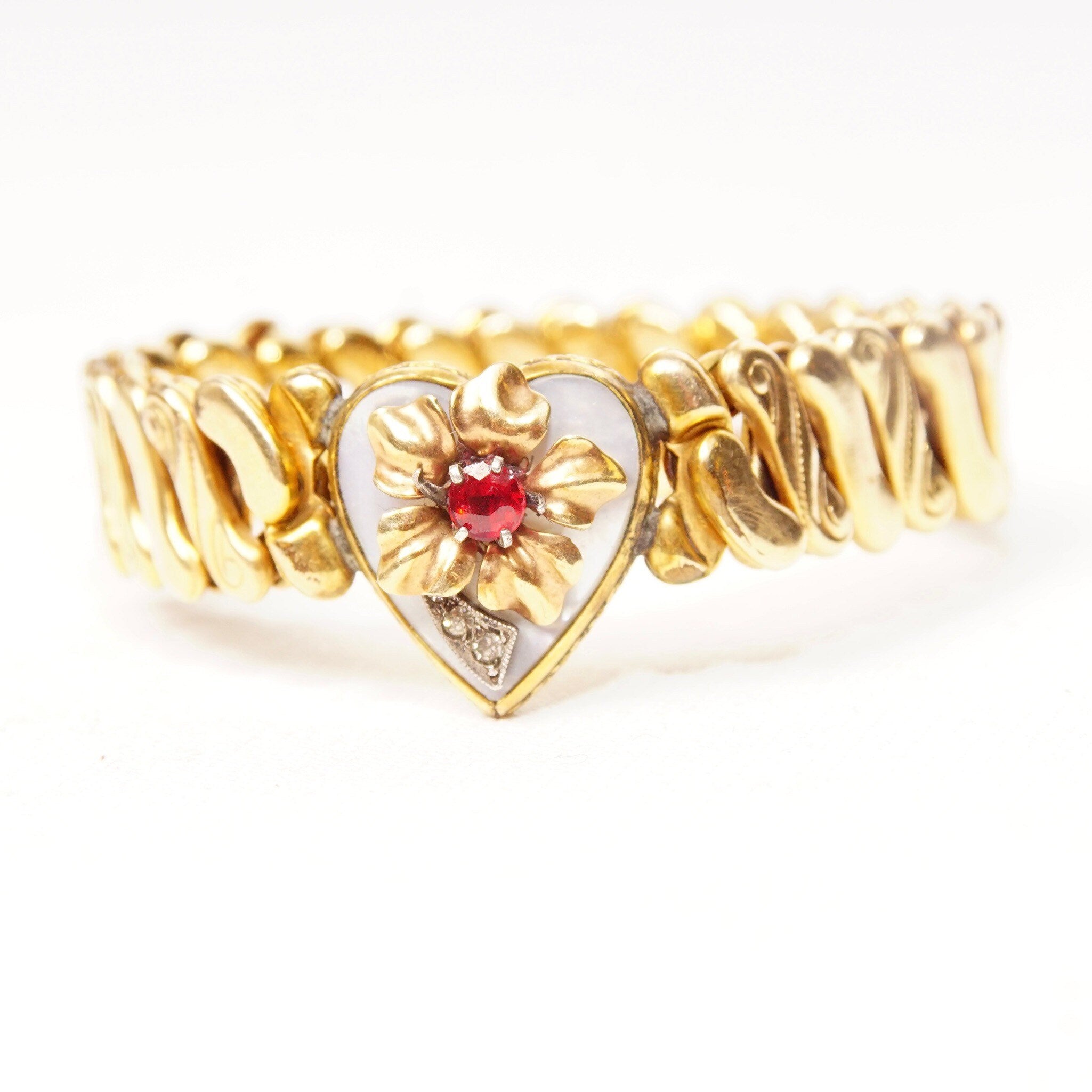 Antique Victorian GF Heart Stretch Band Bracelet, Diamond Accent, Shell Inlay, Faux Ruby, Floral Embellishment, S-Link Stretch Band, 5" L