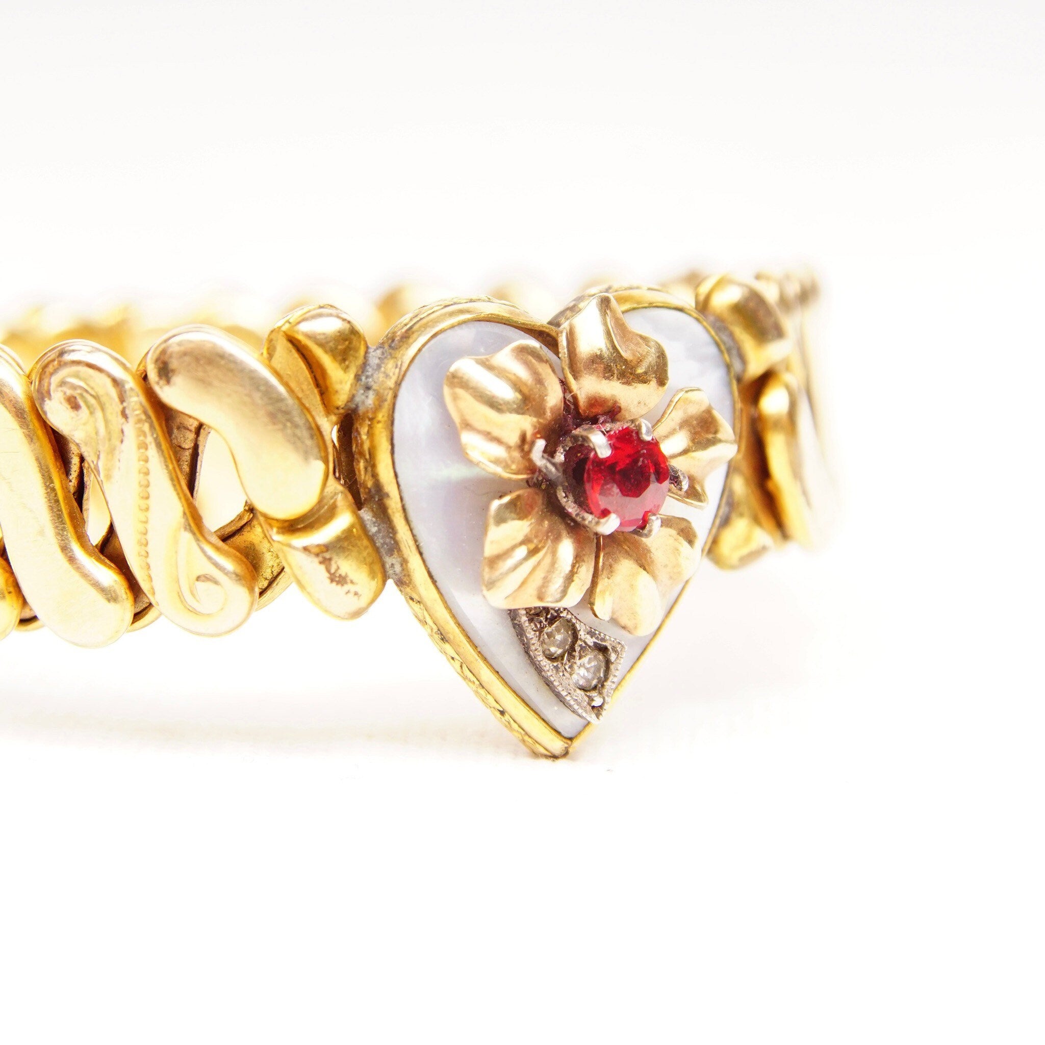 Antique Victorian GF Heart Stretch Band Bracelet, Diamond Accent, Shell Inlay, Faux Ruby, Floral Embellishment, S-Link Stretch Band, 5" L