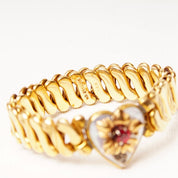 Antique Victorian GF Heart Stretch Band Bracelet, Diamond Accent, Shell Inlay, Faux Ruby, Floral Embellishment, S-Link Stretch Band, 5" L