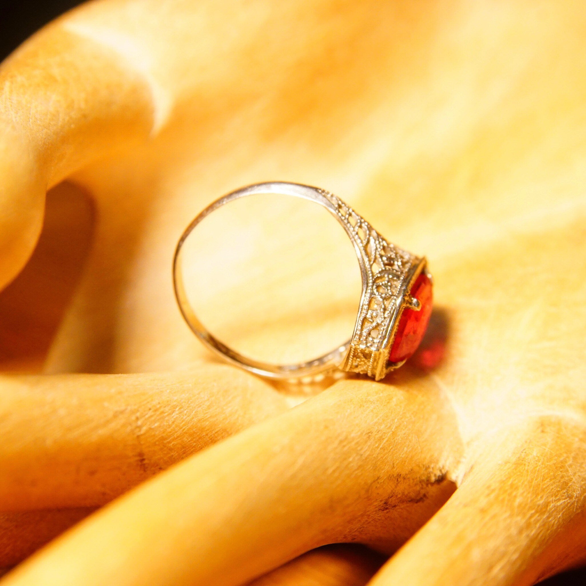 Antique Edwardian 10K White Gold Filigree Pink Gemstone Ring,Hallmarked A&S 10K, Emerald Cut Stone, Worn Condition, Size 5 1/2 US