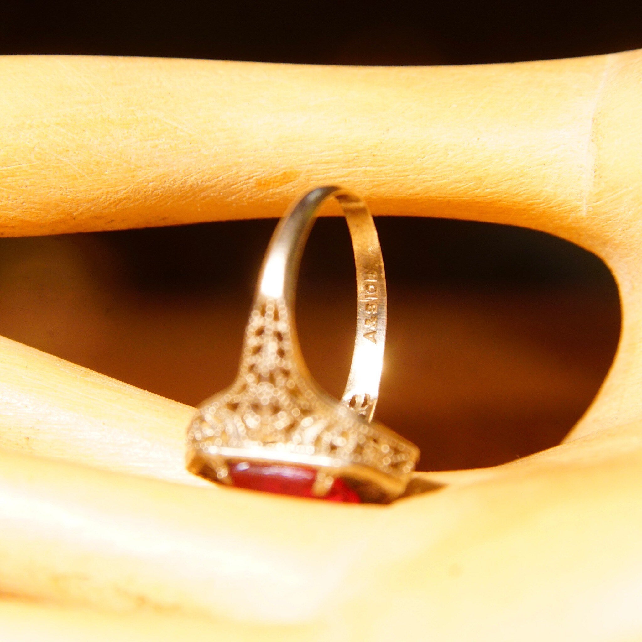 Antique Edwardian 10K White Gold Filigree Pink Gemstone Ring,Hallmarked A&S 10K, Emerald Cut Stone, Worn Condition, Size 5 1/2 US