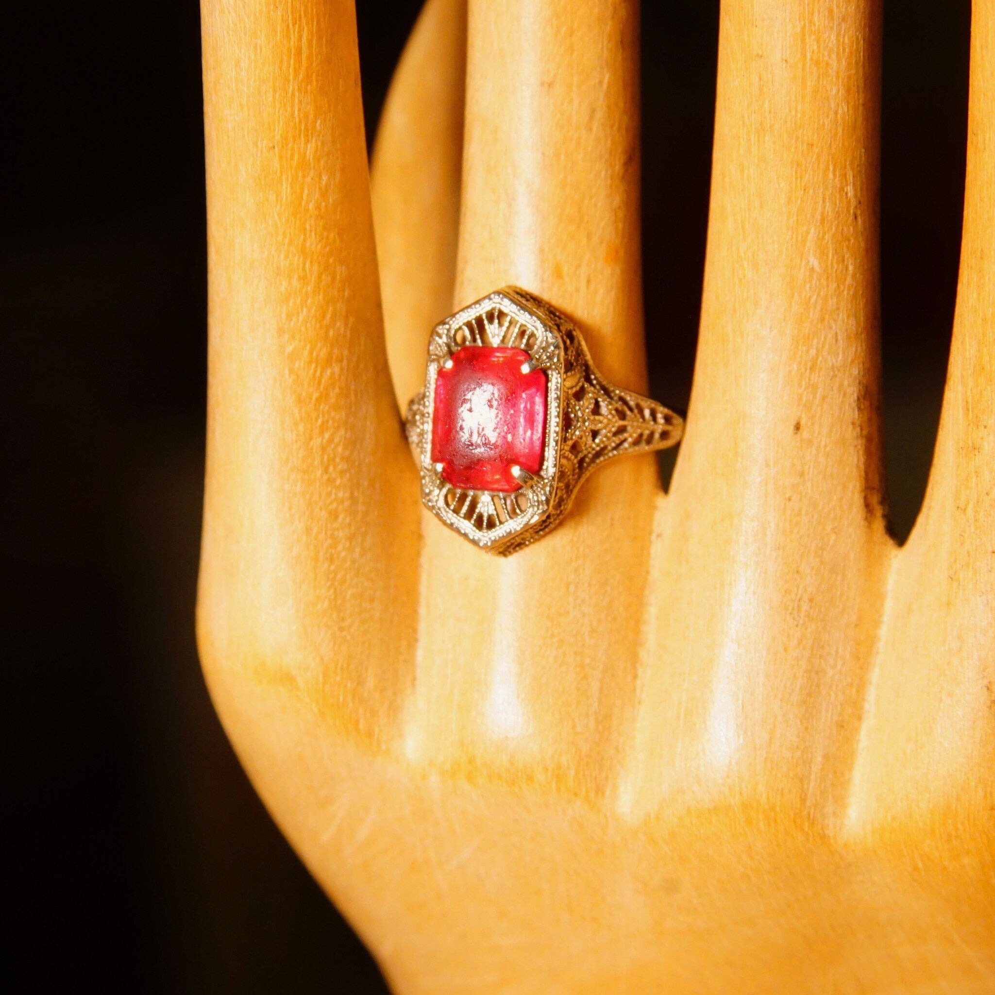 Antique Edwardian 10K White Gold Filigree Pink Gemstone Ring,Hallmarked A&S 10K, Emerald Cut Stone, Worn Condition, Size 5 1/2 US