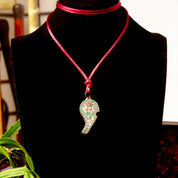 Antique Chinese Cloisonne Brass Enamel Whistle Pendant Necklace, Floral Embellishments, Pink & Green Enamel, Maroon Rope Necklace, 1 3/8"