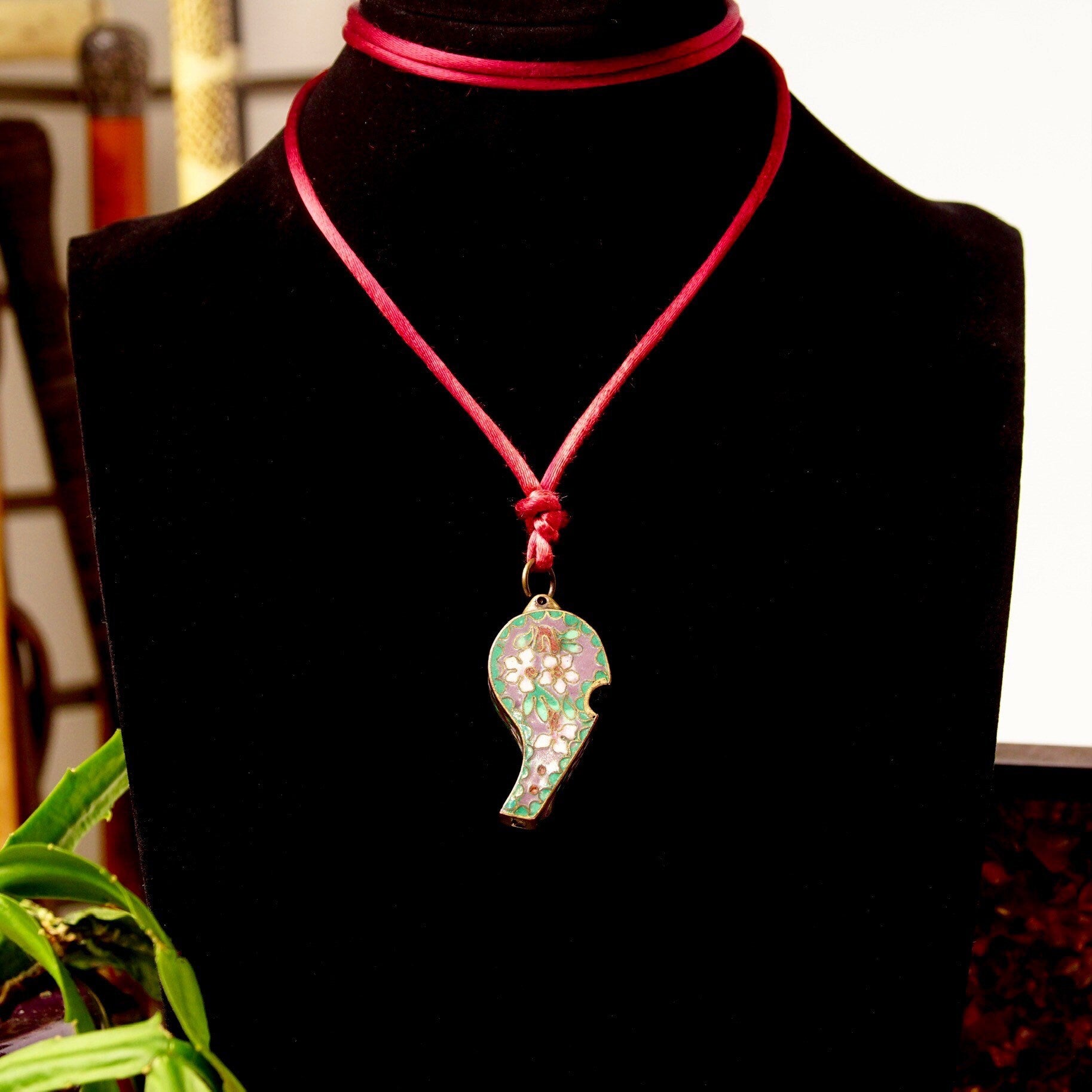 Antique Chinese Cloisonne Brass Enamel Whistle Pendant Necklace, Floral Embellishments, Pink & Green Enamel, Maroon Rope Necklace, 1 3/8"