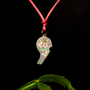 Antique Chinese Cloisonne Brass Enamel Whistle Pendant Necklace, Floral Embellishments, Pink & Green Enamel, Maroon Rope Necklace, 1 3/8"