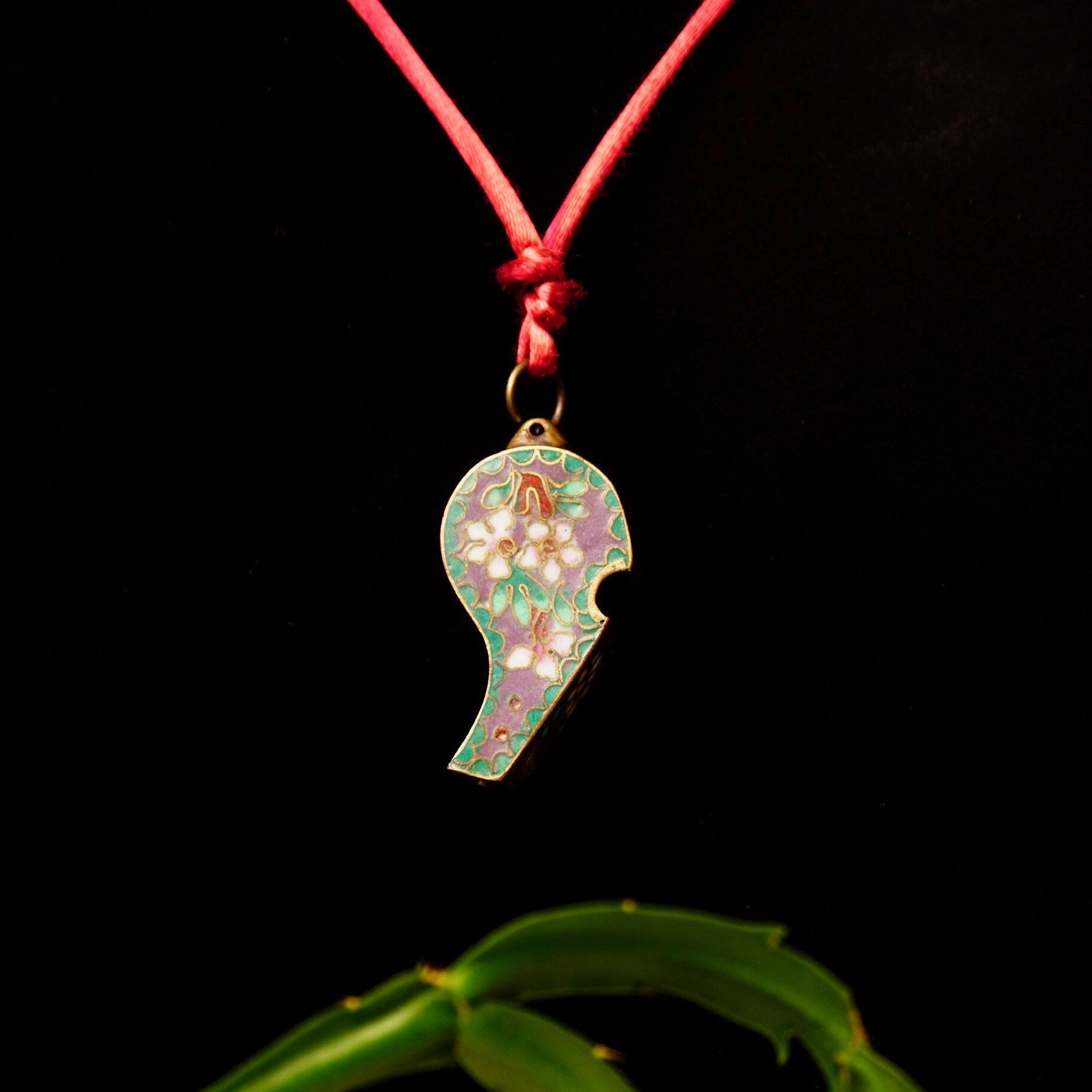 Antique Chinese Cloisonne Brass Enamel Whistle Pendant Necklace, Floral Embellishments, Pink & Green Enamel, Maroon Rope Necklace, 1 3/8"