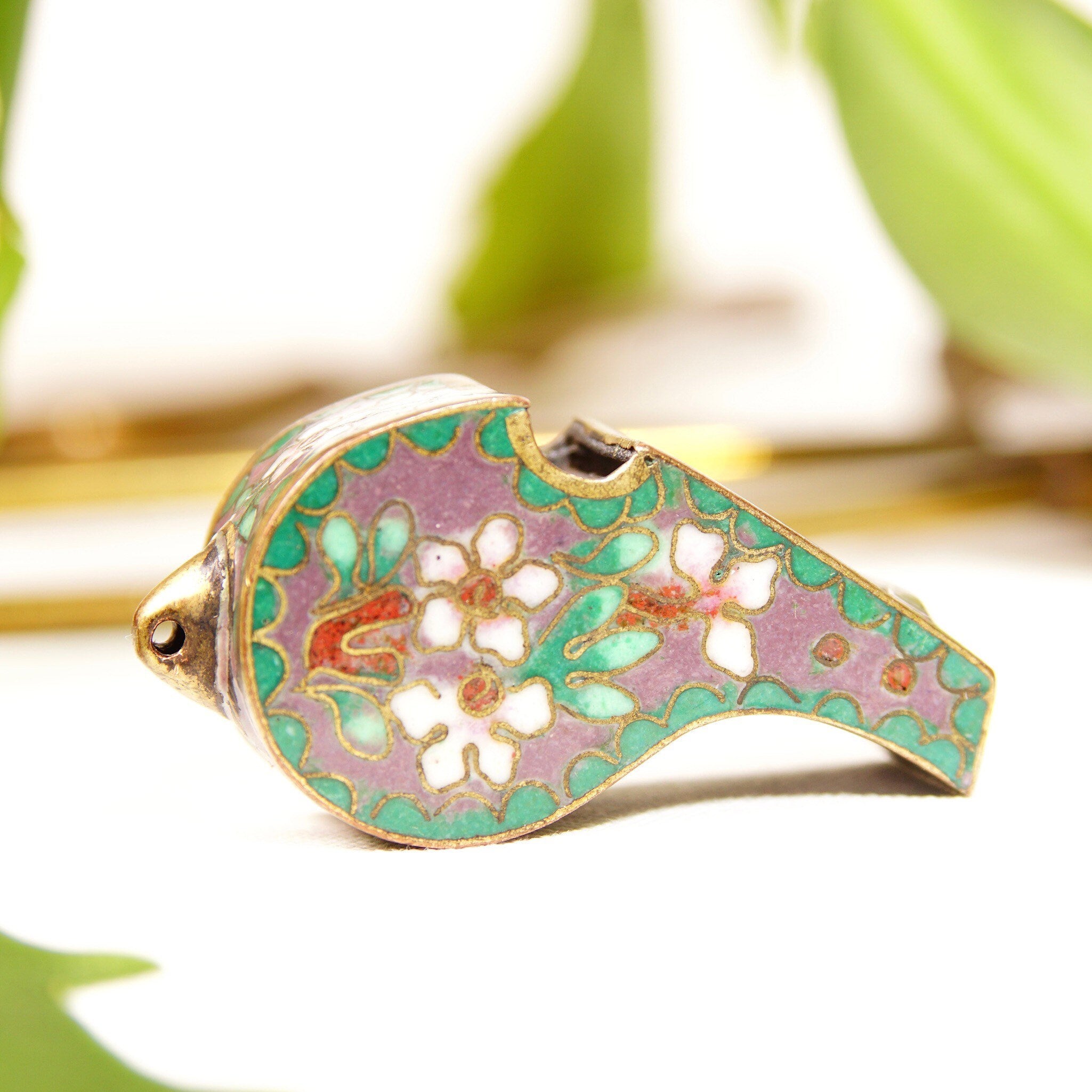 Antique Chinese Cloisonne Brass Enamel Whistle Pendant Necklace, Floral Embellishments, Pink & Green Enamel, Maroon Rope Necklace, 1 3/8"
