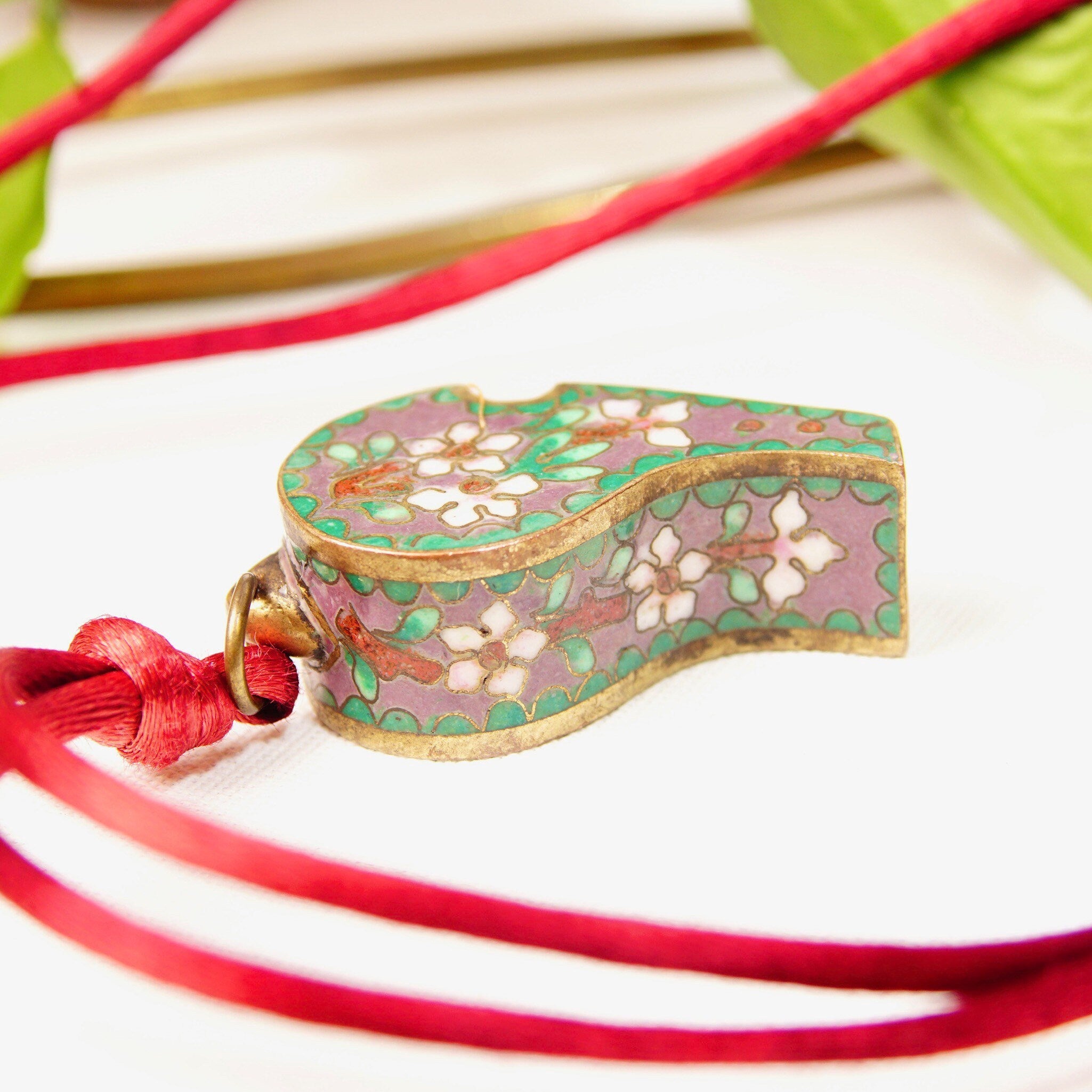 Antique Chinese Cloisonne Brass Enamel Whistle Pendant Necklace, Floral Embellishments, Pink & Green Enamel, Maroon Rope Necklace, 1 3/8"