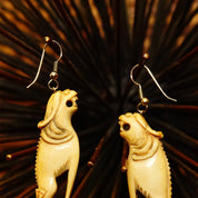 Antique Hand-Carved Chinese Foo Dog Claw Earrings, Carved Bone/Tusk Dangle Earrings, Long Beige Earrings, French Hooks, 4" L