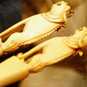 Antique Hand-Carved Chinese Foo Dog Claw Earrings, Carved Bone/Tusk Dangle Earrings, Long Beige Earrings, French Hooks, 4" L