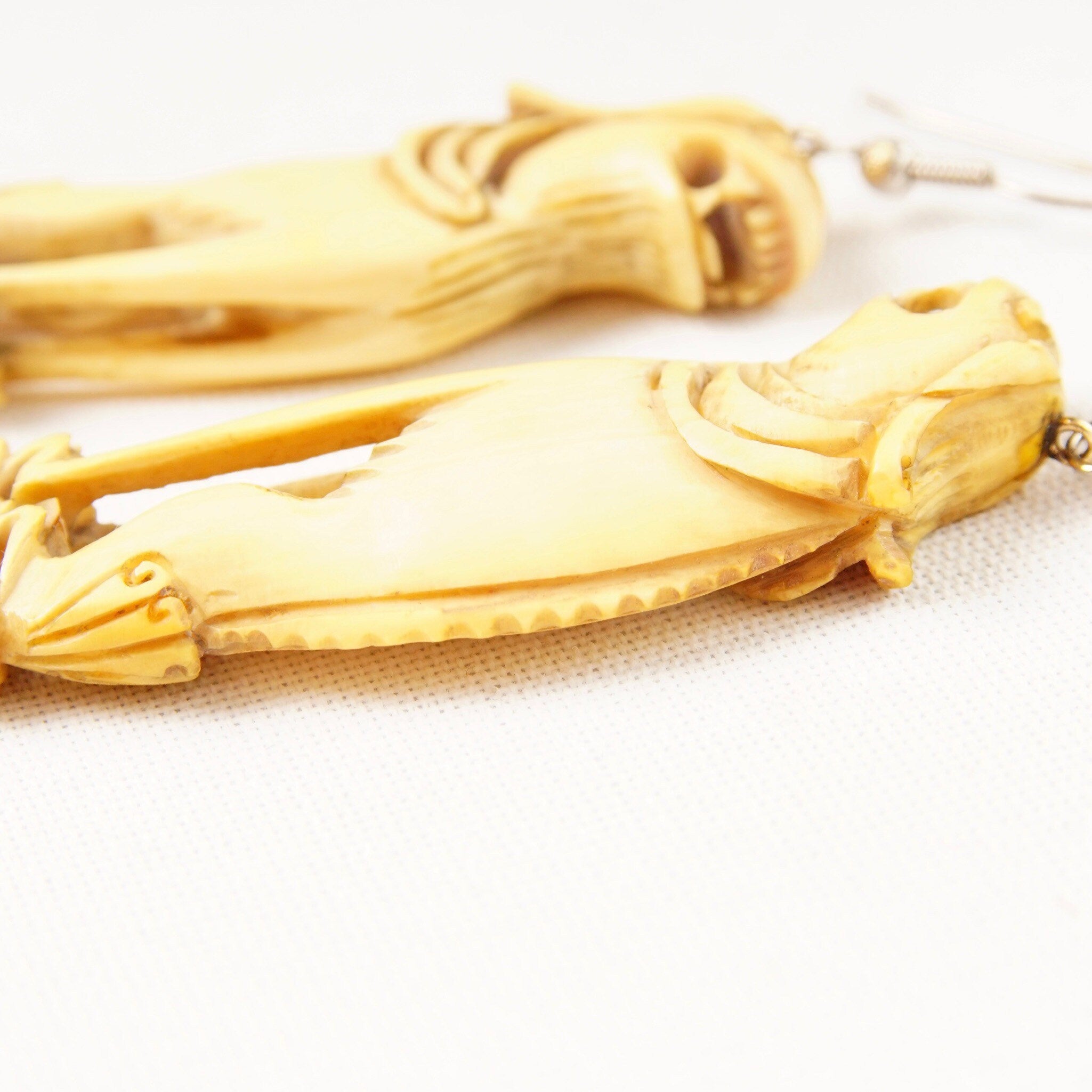 Antique Hand-Carved Chinese Foo Dog Claw Earrings, Carved Bone/Tusk Dangle Earrings, Long Beige Earrings, French Hooks, 4" L