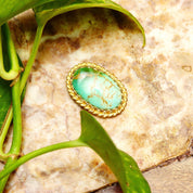 Ornate 14K Green Turquoise Cab Pendant, Yellow Gold Crown Bezel Setting, Hidden Double Loop Bail, 30mm
